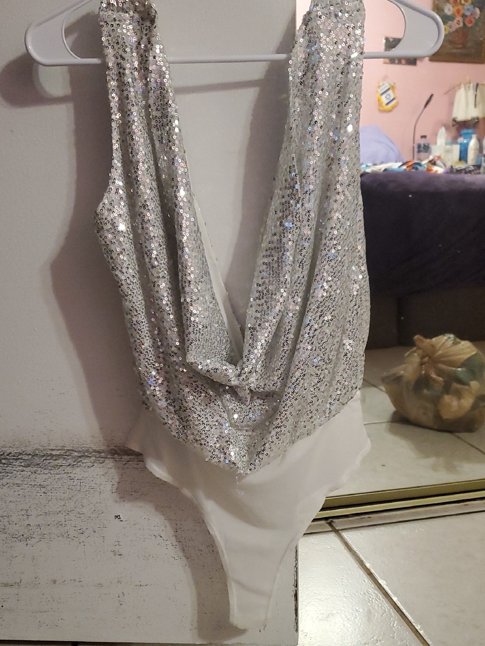Silver Sequin Draped Sexy Bodysuit